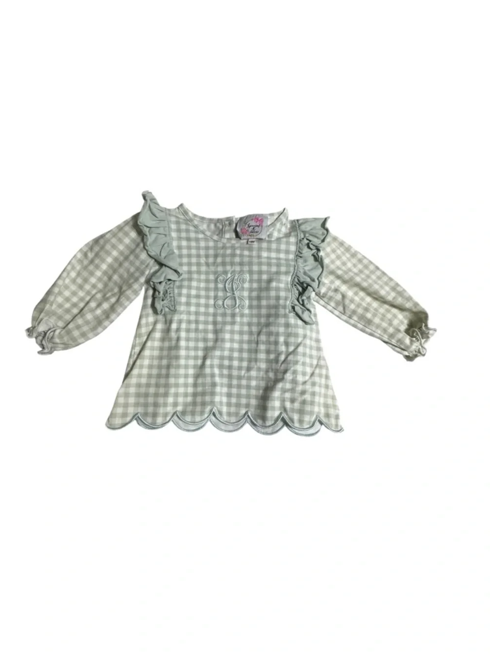 Monogrammed Sage Green Gingham Kids monogrammed with J Set with Ruffle Details